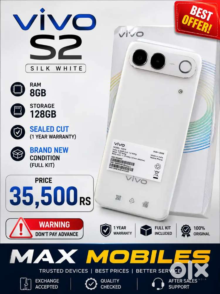 VIVO S2 (SILK WHITE)

RAM : 8GB

STORAGE : 128GB

SEALED CUT
(1 YEAR W