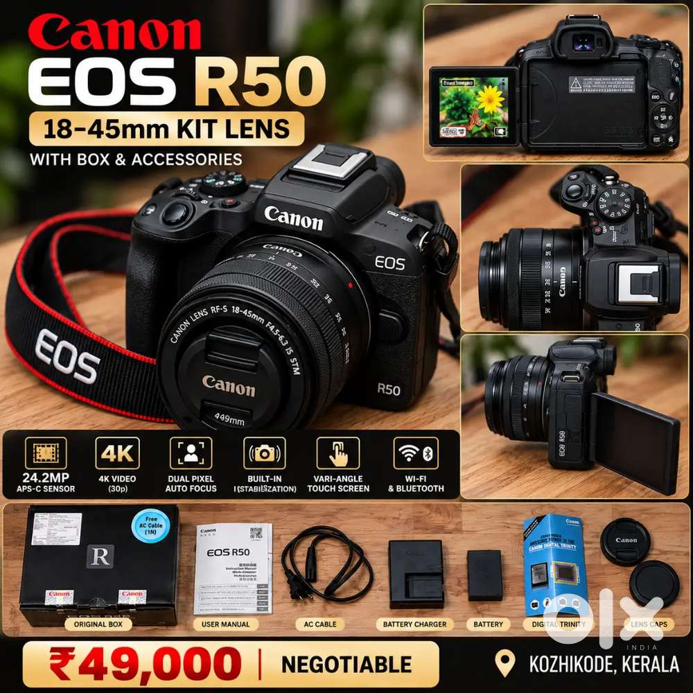 Canon EOS R50 Mirrorless Camera + 18-45mm Kit Lens | Box & Accessories