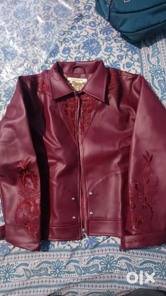 Embroided Leather Jacket Vintage Cherry Red