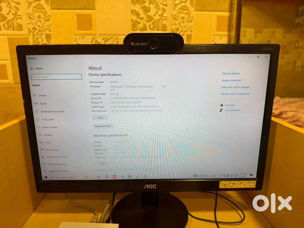 Full Desktop PC Set: Ryzen 7 CPU, 8GB RAM, AOC Monitor & Webcam