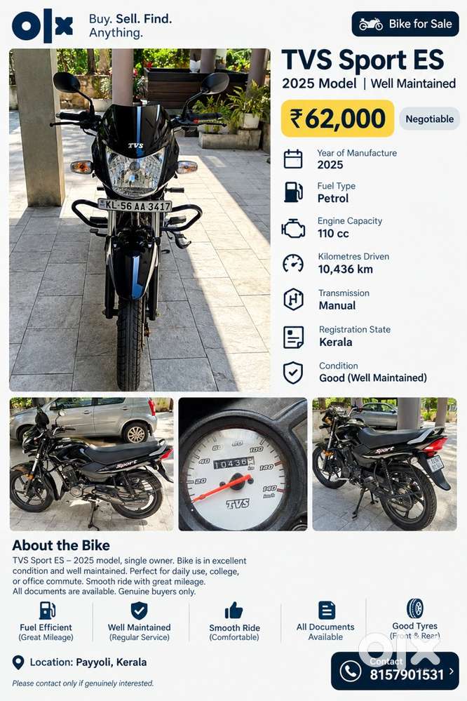TVS Sport ES | 10,436 KM | Excellent Condition | Kerala