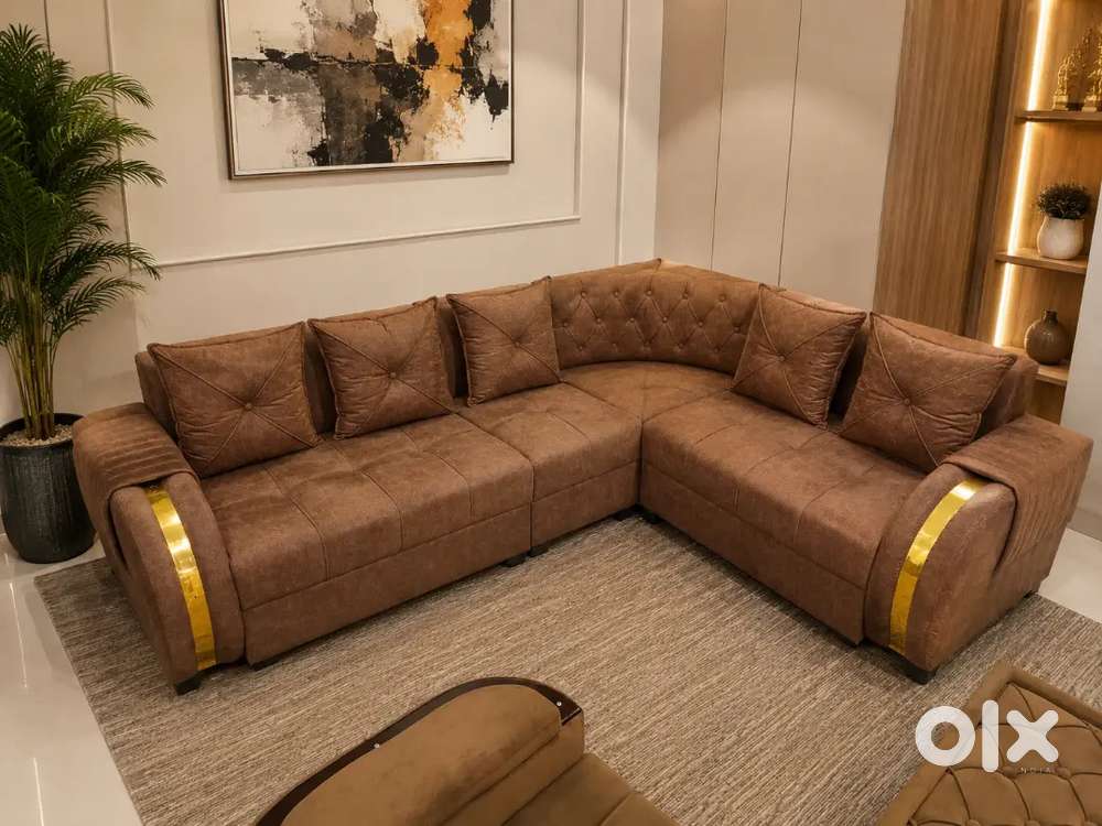 Premium L Shape Sofa Set with Gold Accent Design and Center Table
