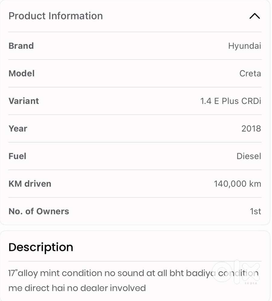 Hyundai Creta 2018 Diesel Well Maintained Good Condition