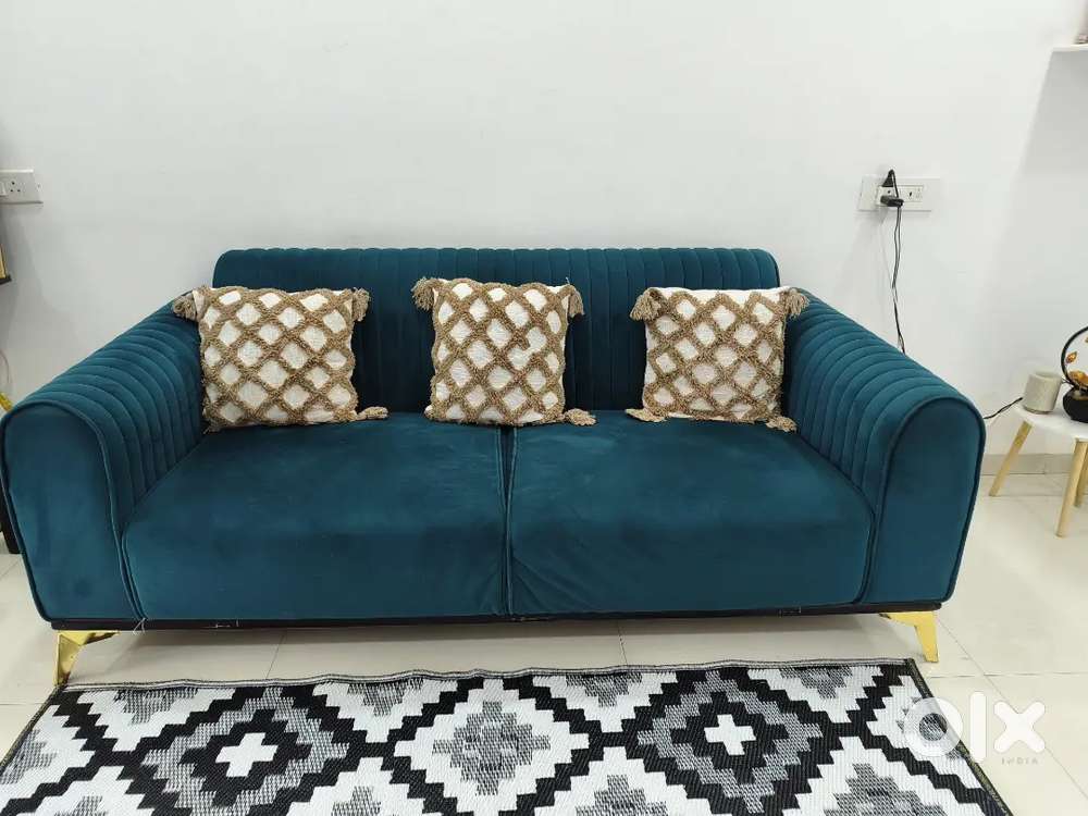 Premium Teal Velvet 3-Seater Sofa – Modern Design with Gold Legs
