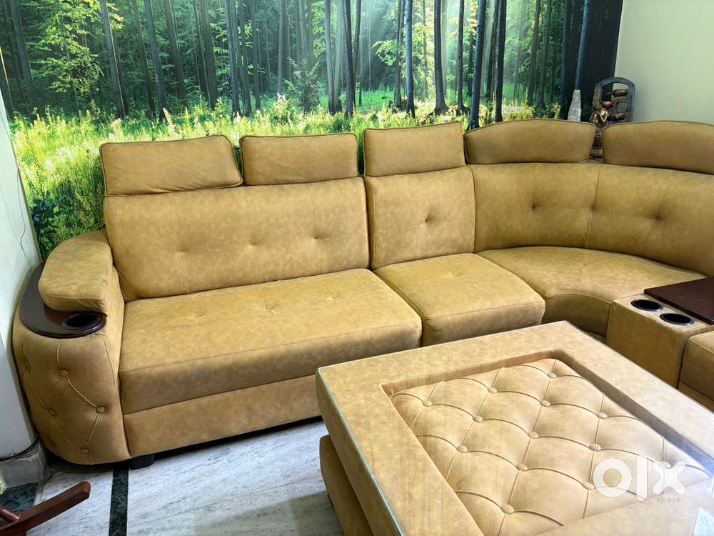 7 seater L shape sofa + 2 stools + center table