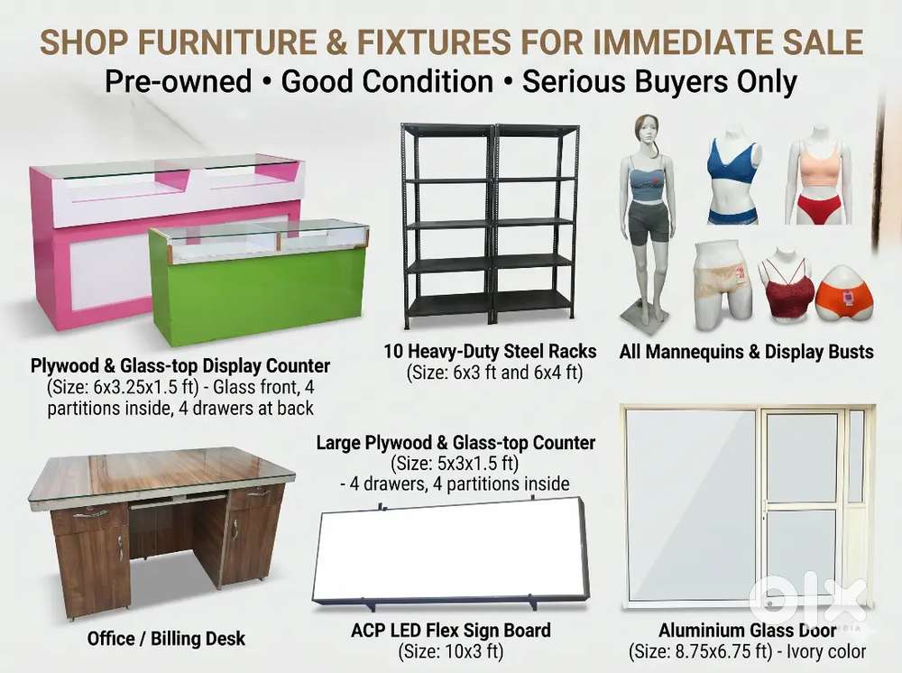 Shop Counter Tables, Racks & Glass Door for Urgent Sale