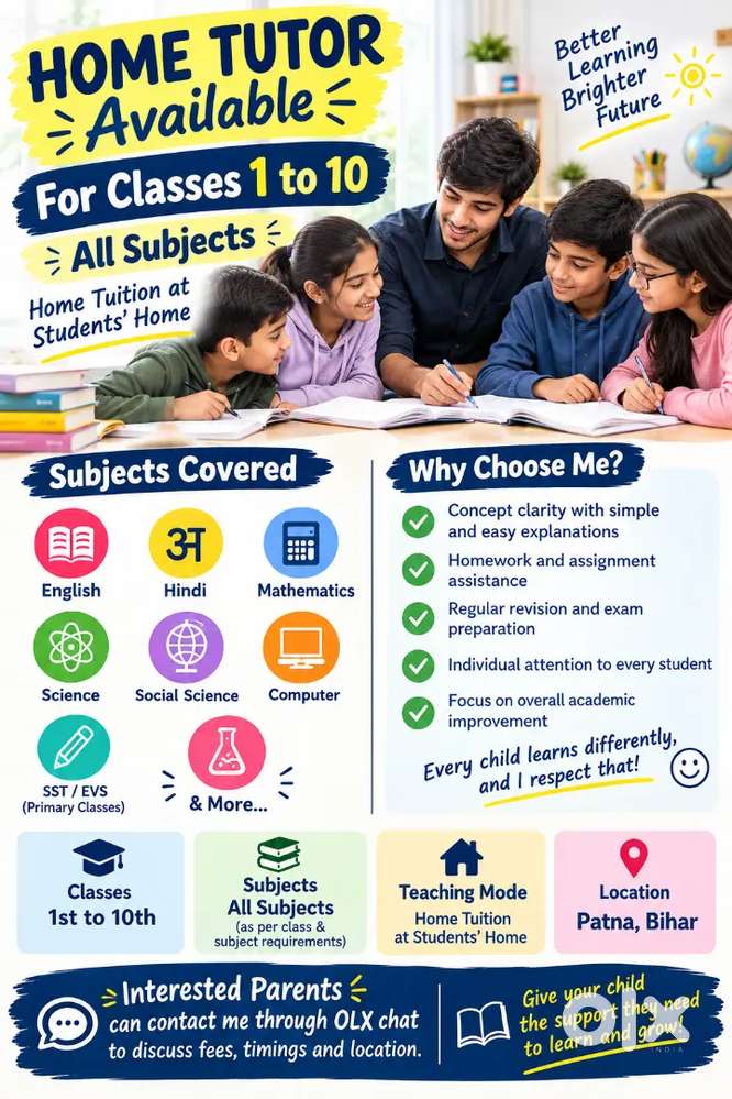 Home Tutor for Classes 1 to 10 | All Subjects | Patna
।