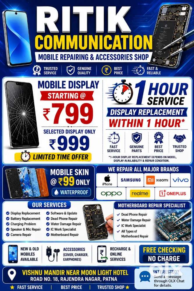 Mobile Display Repair & Replacement Starting ₹799  1 Hour Service