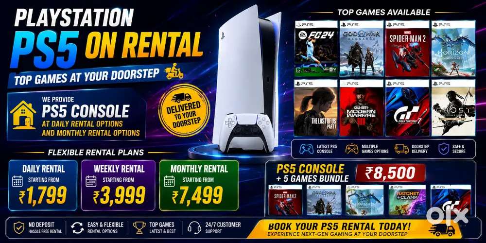 PLAYSTATION PS5 ON RENT! 
 Top Games Delivered to Your Doorstep!