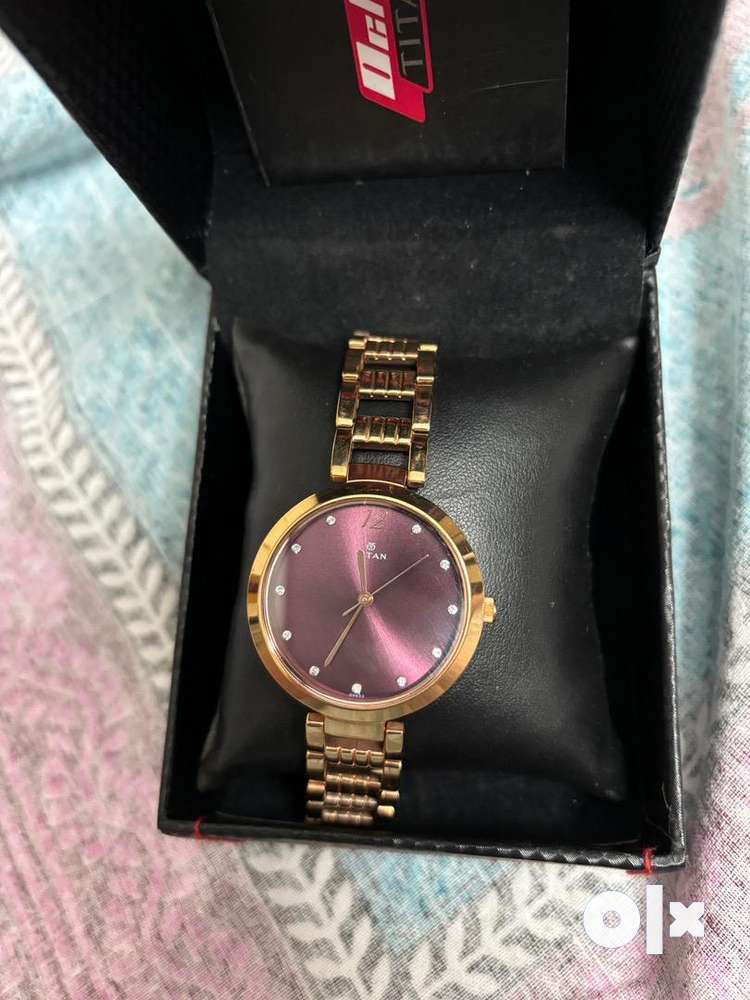 Titan Purple Dial Rose Gold Band Analog Watch Stainless Steel Box