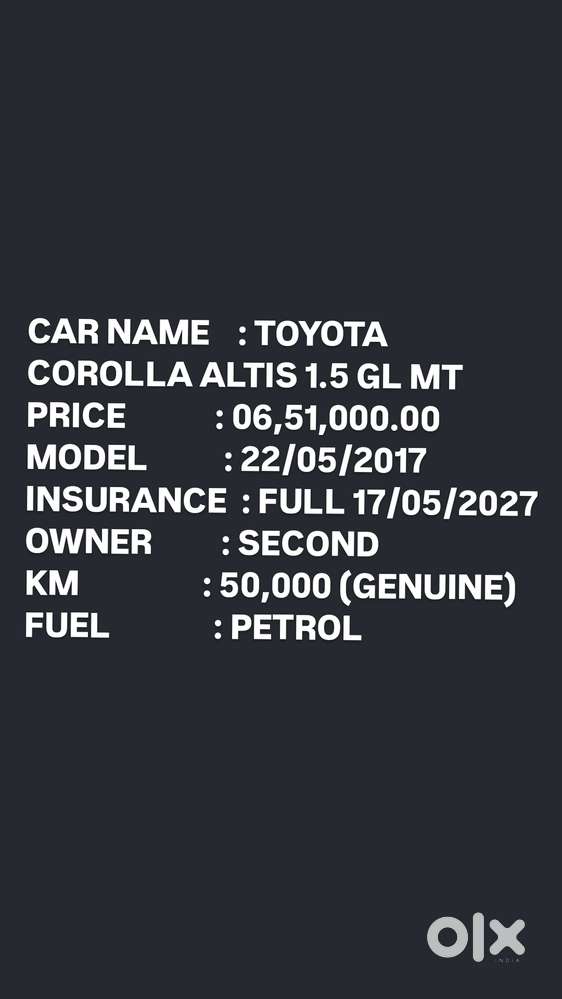 Toyota Corolla Altis 1.8 Gl, 2017, Petrol