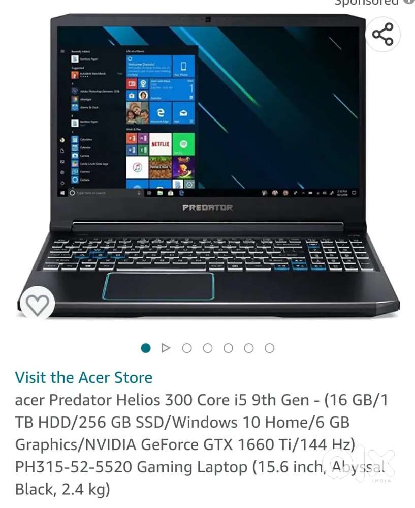Gaming laptop acer predator ci5/9th gen16/256/1tb & 4gb 1650 graphics ...
