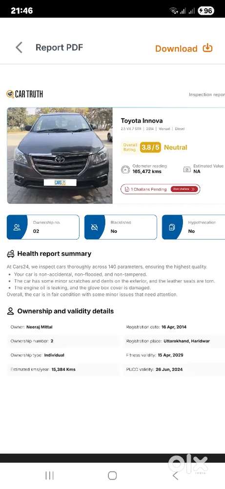 Toyota Innova 2014 Diesel 166000 Km Driven