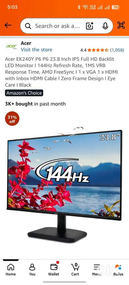 Acer EK240Y P6 P6 23.8 Inch IPS Full HD Backlit LED Monitor