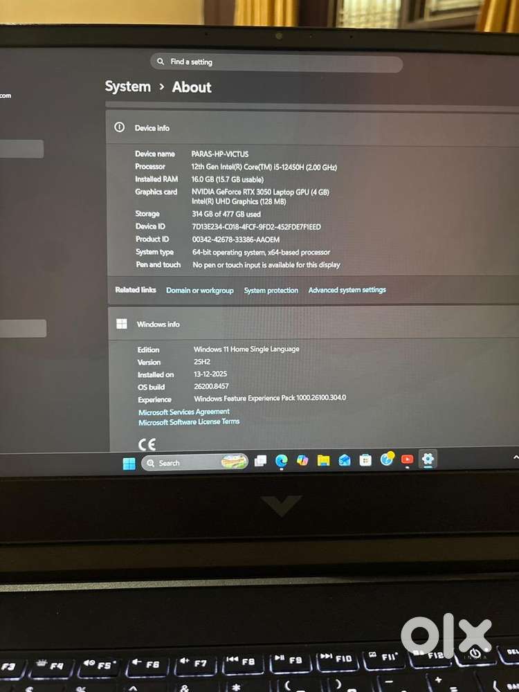 HP VICTUS i5 12th gen 3050 RTX 16 gb dual slot ram 512gb gen 5 ssd