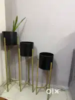 Set of 3 Modern Black & Gold Metal Planters with Stand - Home Decor