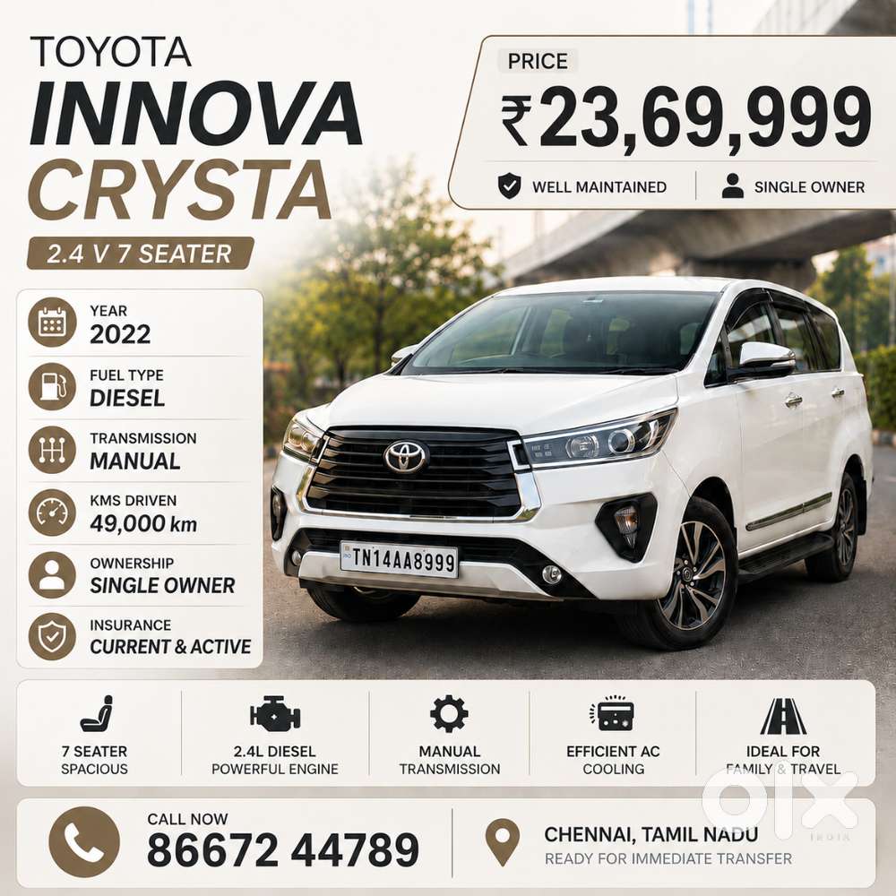 Toyota Innova Crysta 2.4 V 7 Seater 2022 Diesel Manual Single Owner