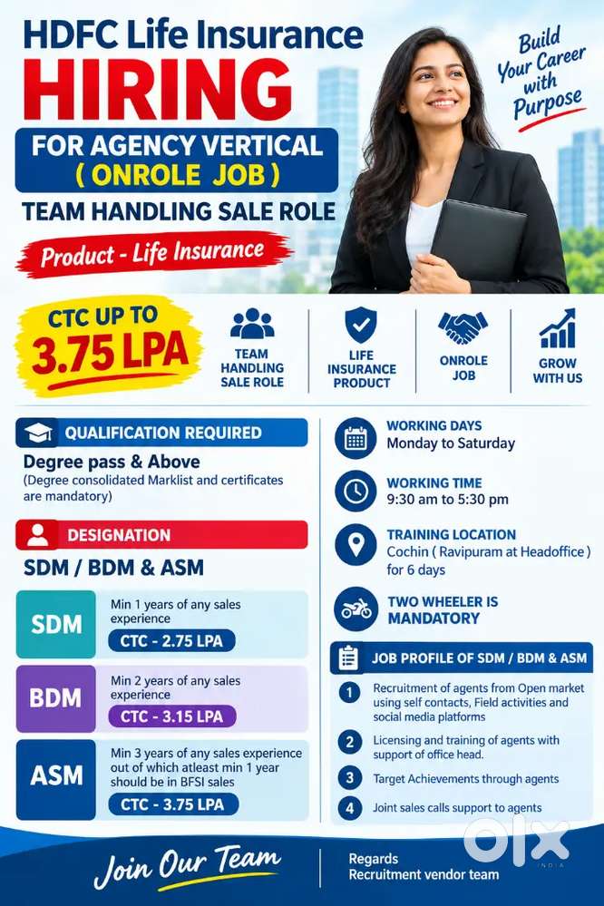 Perinthalmana/Hdfc life insurance/Degree pass/Min 1 yr sales exp must