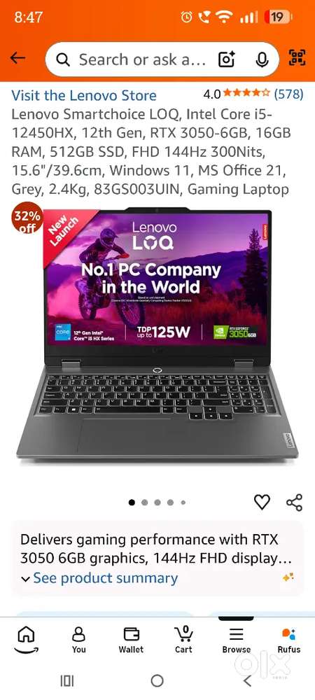 Lenovo LOQ, Intel Core i5-12450HX, RTX 3050-6GB, 16GB RAM, 512GB SSD