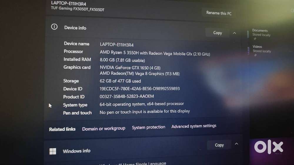 Fx 505 dt 2019 model 1650 4GB graphics card Ryzen 5 8 GB Ram 512GB SSD