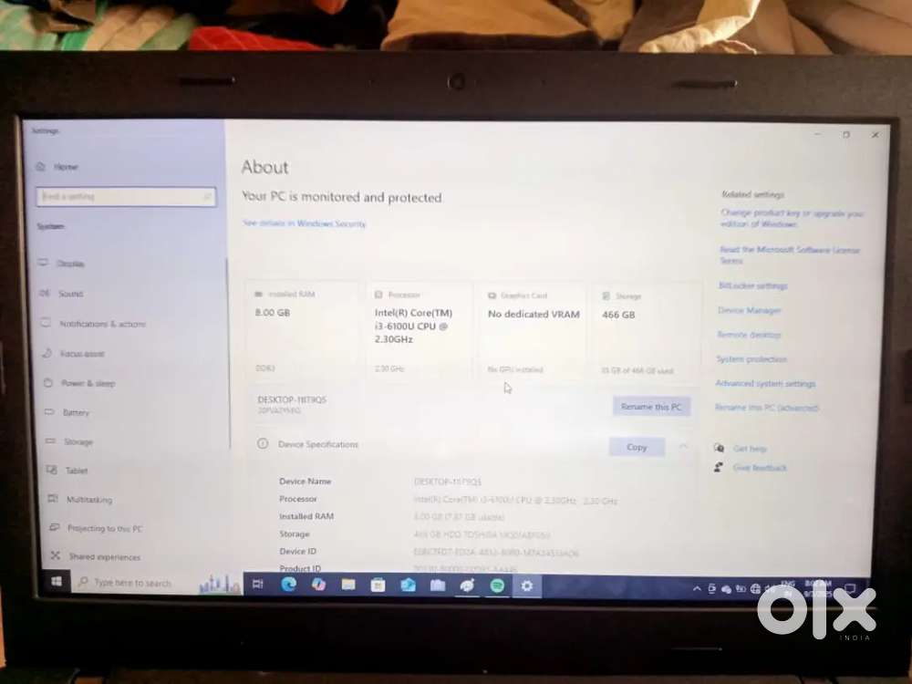 Lenova laptop 8gb ram i3-6100u storage 466