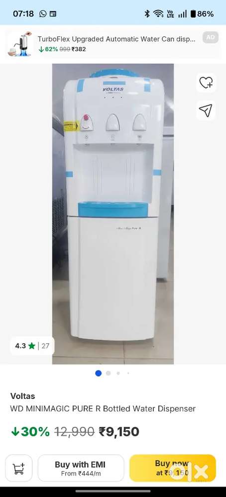 Voltas water dispenser with Bottom Fridge