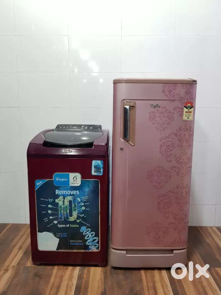 Red color washing machine and whirlpool single door refrigerator
