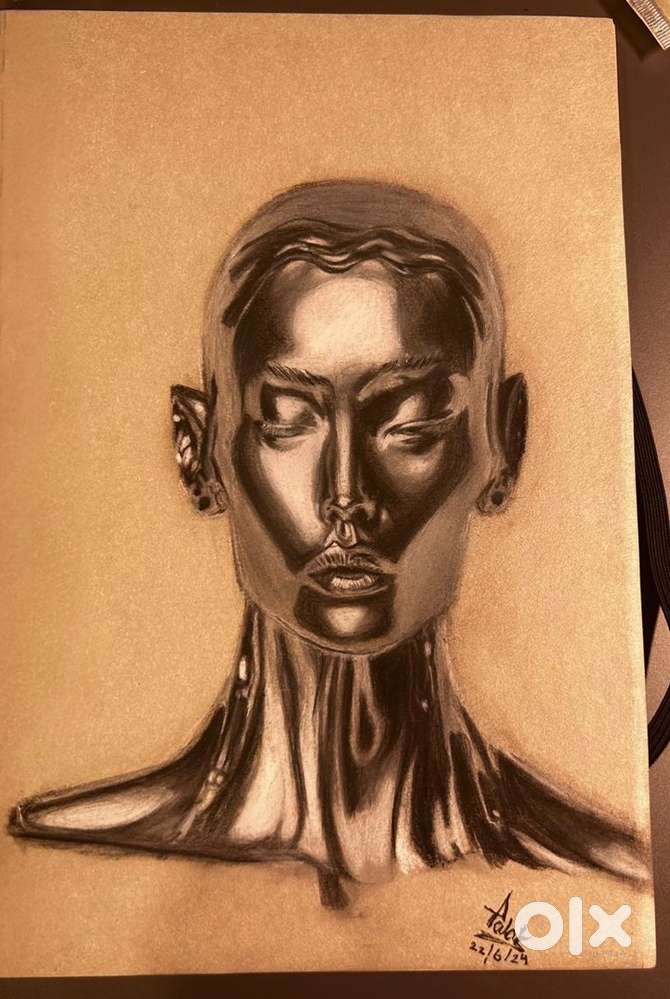 Charcoal Portrait Artwork – Metallic Realism (Handmade Original)