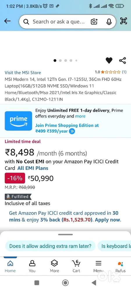 Brand New 2 month old MSI I7 512 GB SSD 16 RAM LAPTOP AT JUST 32000RS