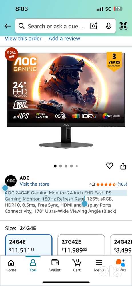 AOC 24G4E 24 inch 180Hz Gaming Monitor WITH 3 YEAR WARRANTY