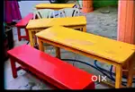 Desks and benches.