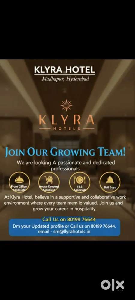 Hotel JOB,Front office, Waiter, House Keeping,Bell Boy