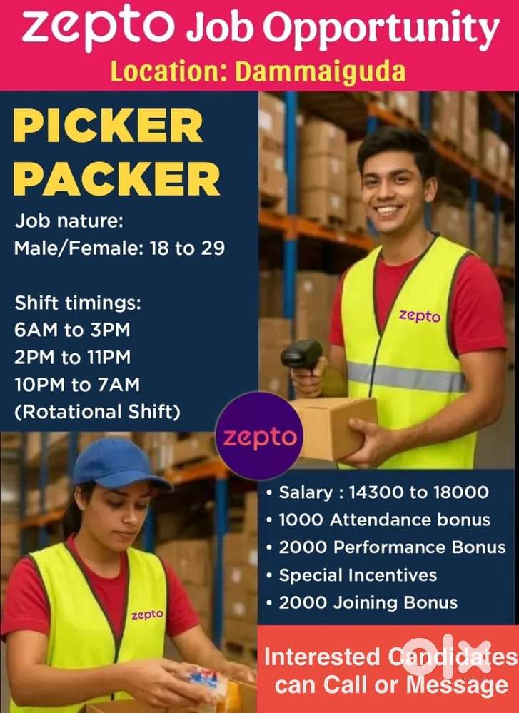 Wanted Picker Packers for Zepto Dammaiguda. Good Salary & Bonus