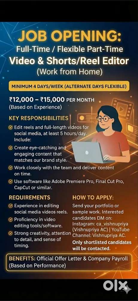 WFH Video Editor Needed from Kerala– Reels/Shorts  Part-Time/Full-Time