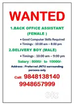 Wanted female back office assistant and delivery boy