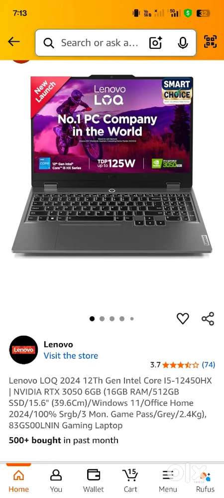Lenovo LOQ i5 12th Gen i512450hx RTX 3050 6GB GC 3 Months Old