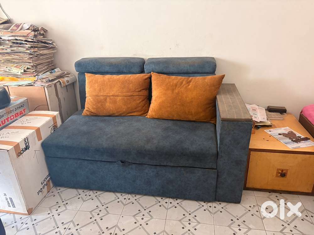 L shape sofa cum bed with cushions and king size bed with mattress