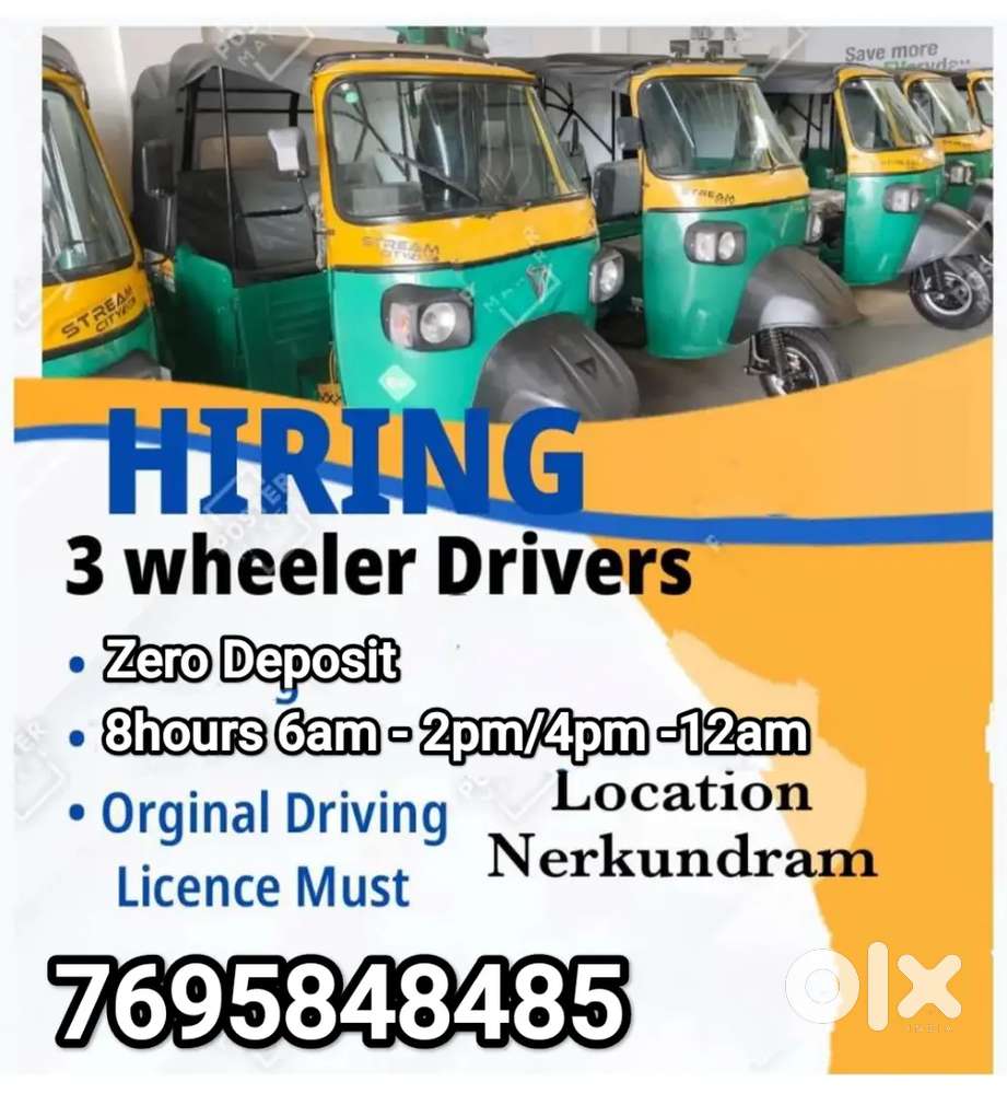 AUTO DRIVERS WANTED -MONTHLY SALARY-DAILY 80KM-100KM SALARY 760₹-1000₹