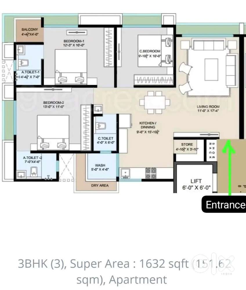 3 BHK flat for rent