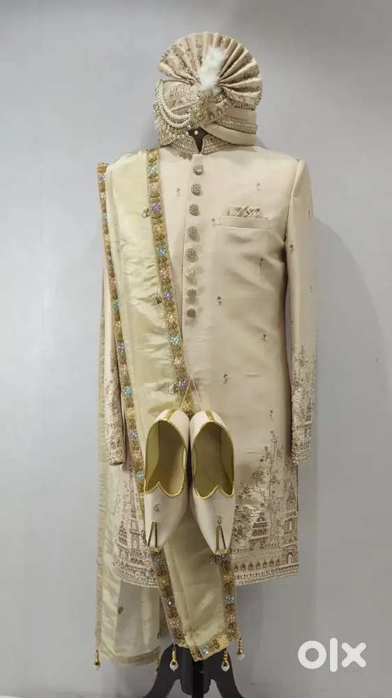 Men's Special Sherwani with Shawl Safa Mojari and Crystal Mala