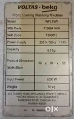 Front load washing machine voltas beko 3 years old