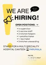 Canteen staffs for multi-speciality hospital parumala
