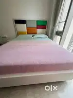 Queen bed with hydraulic storage, side table, full sliding wardrobe