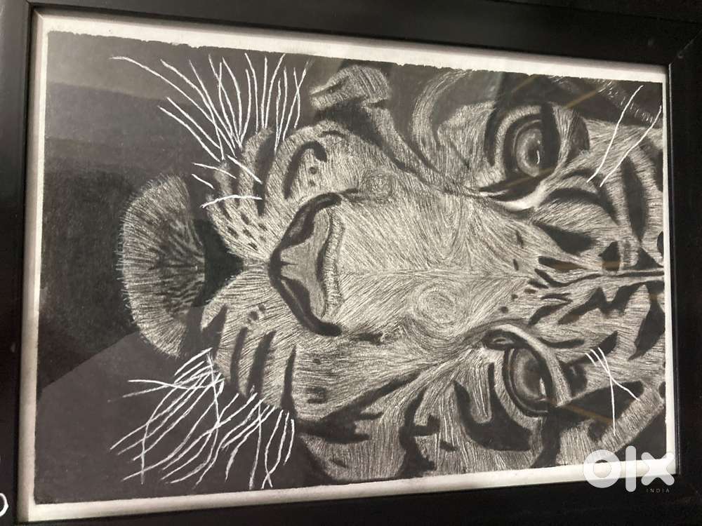 Handmade tiger sketch - Realistic Black White Art (Framed)