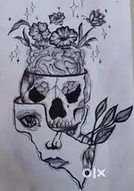 Drawing of a human face + skull + brain