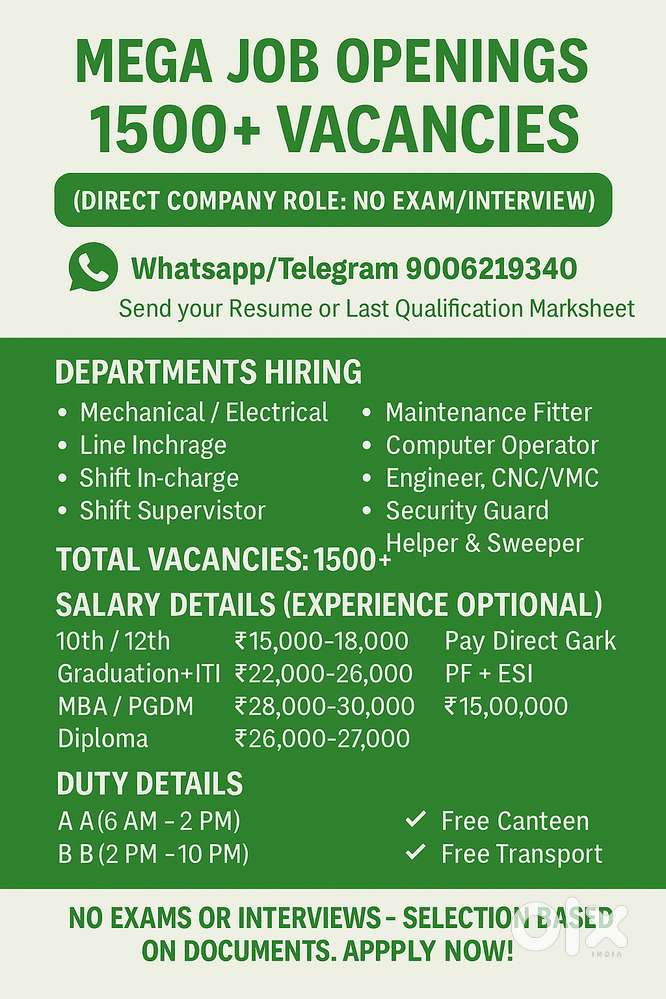 Open vacancy for fresher & Experience candidates