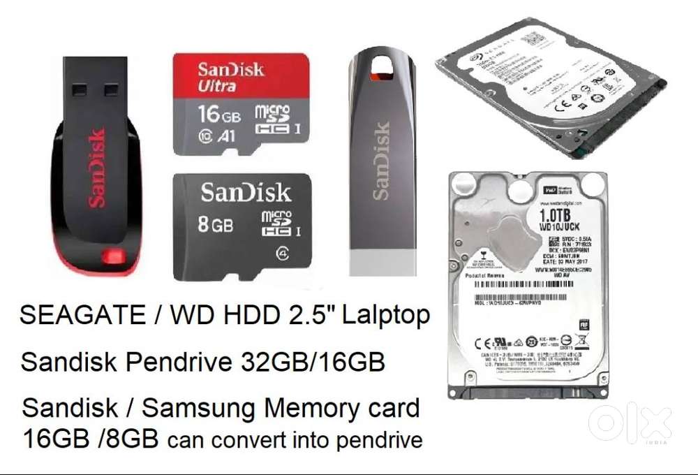 Seagate HDD, Sandisk Pendrive and Memory Card