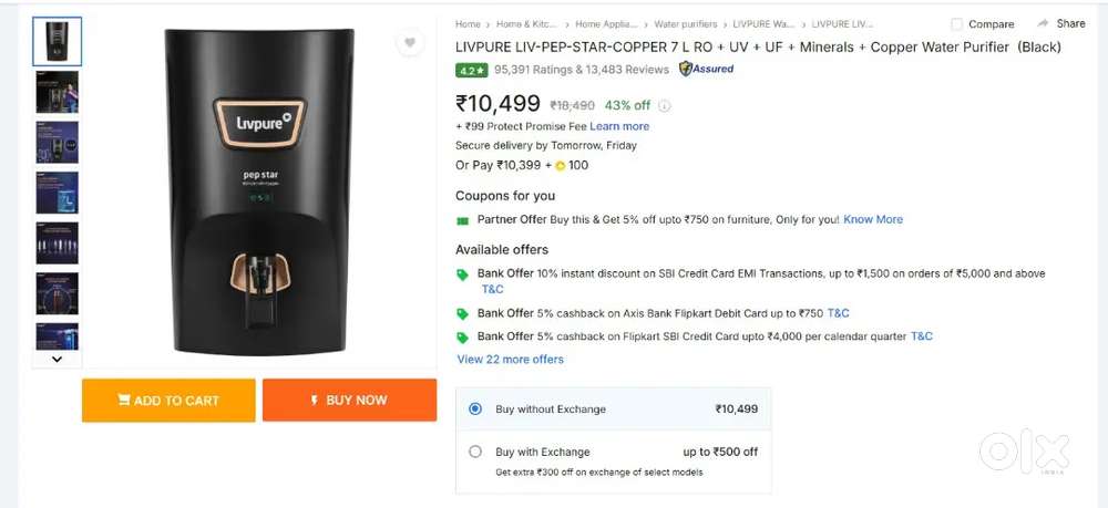 LIVPURE LIV-PEP-STAR-COPPER 7 L RO + UV + UF + Minerals + Copper