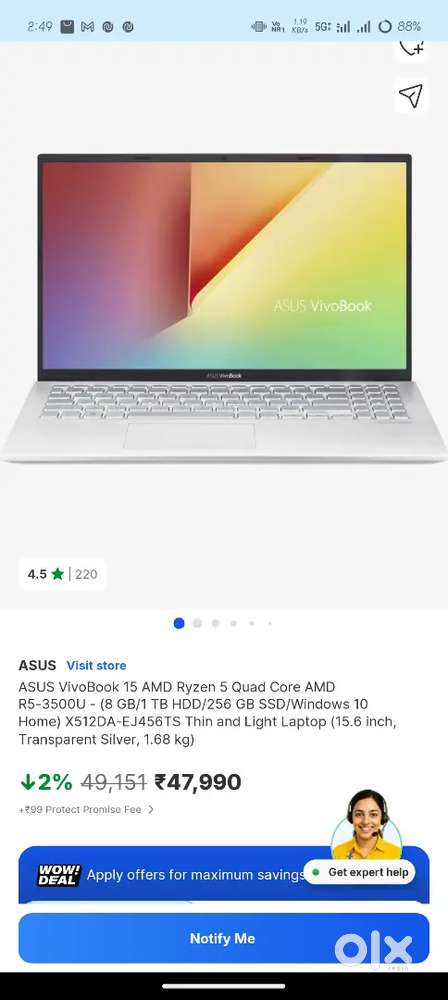 Asus Vivobook 15 ryzen 5 Ram 8gb 128gb SSD 1 TB Hard disk