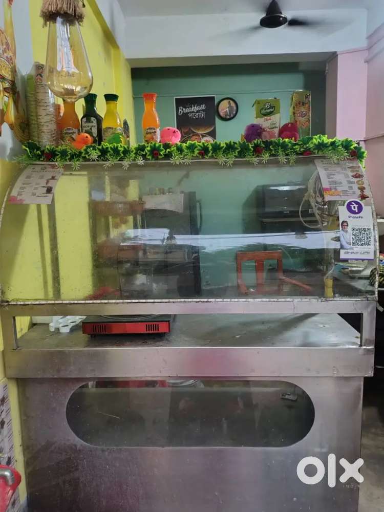 Urgent Sell of Steel Street Food Counter and Wooden Showcase Glass Top